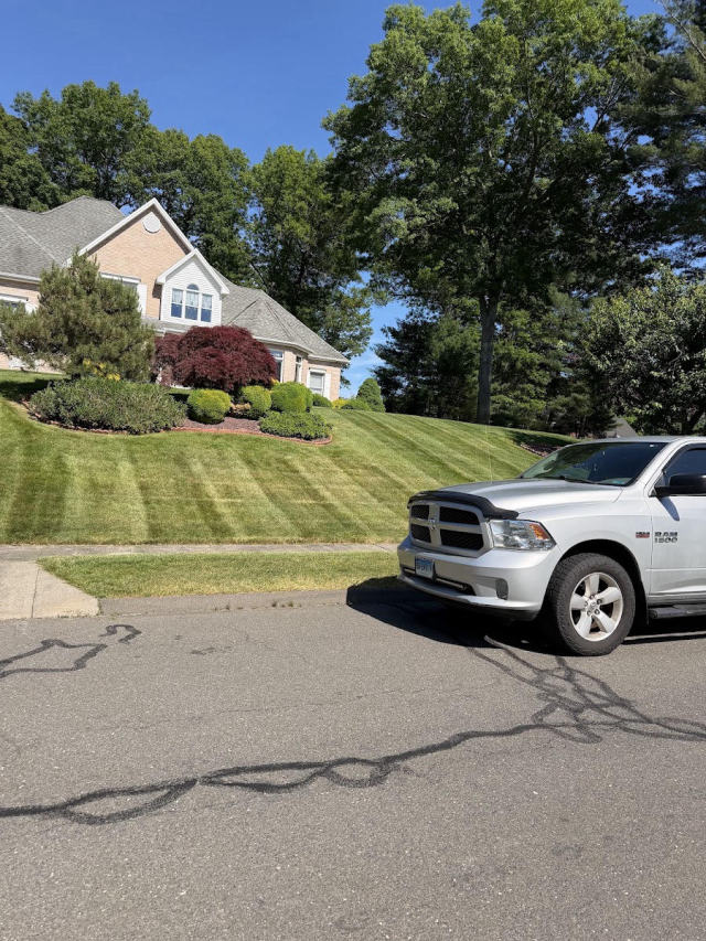 Sharp mower stripes on a sloped front yard